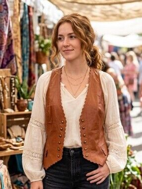 Vintage Newport News Boho Scalloped Cognac Brown Leather Button Front Vest 12